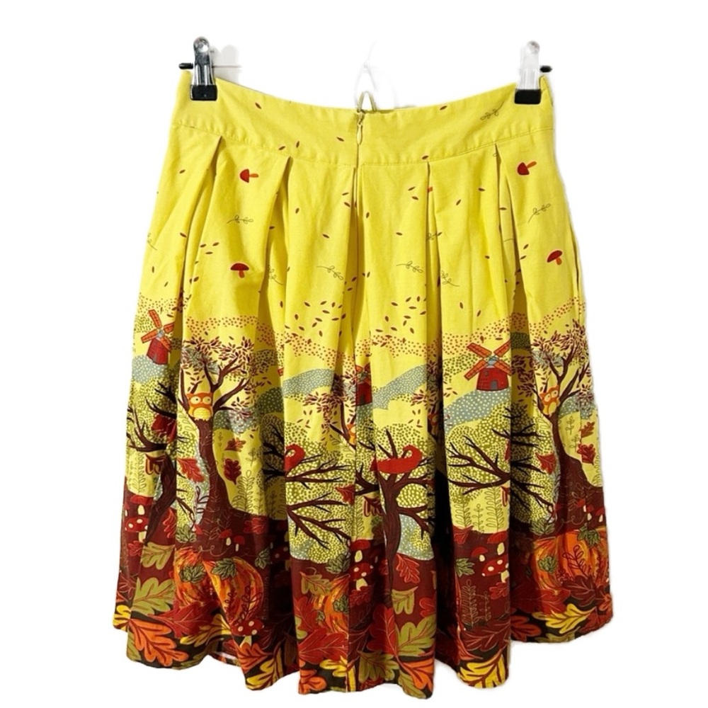 Girstunm Yellow Pleated A-Line Midi Skirt Autumn Harvest Woodland Print Size Sm